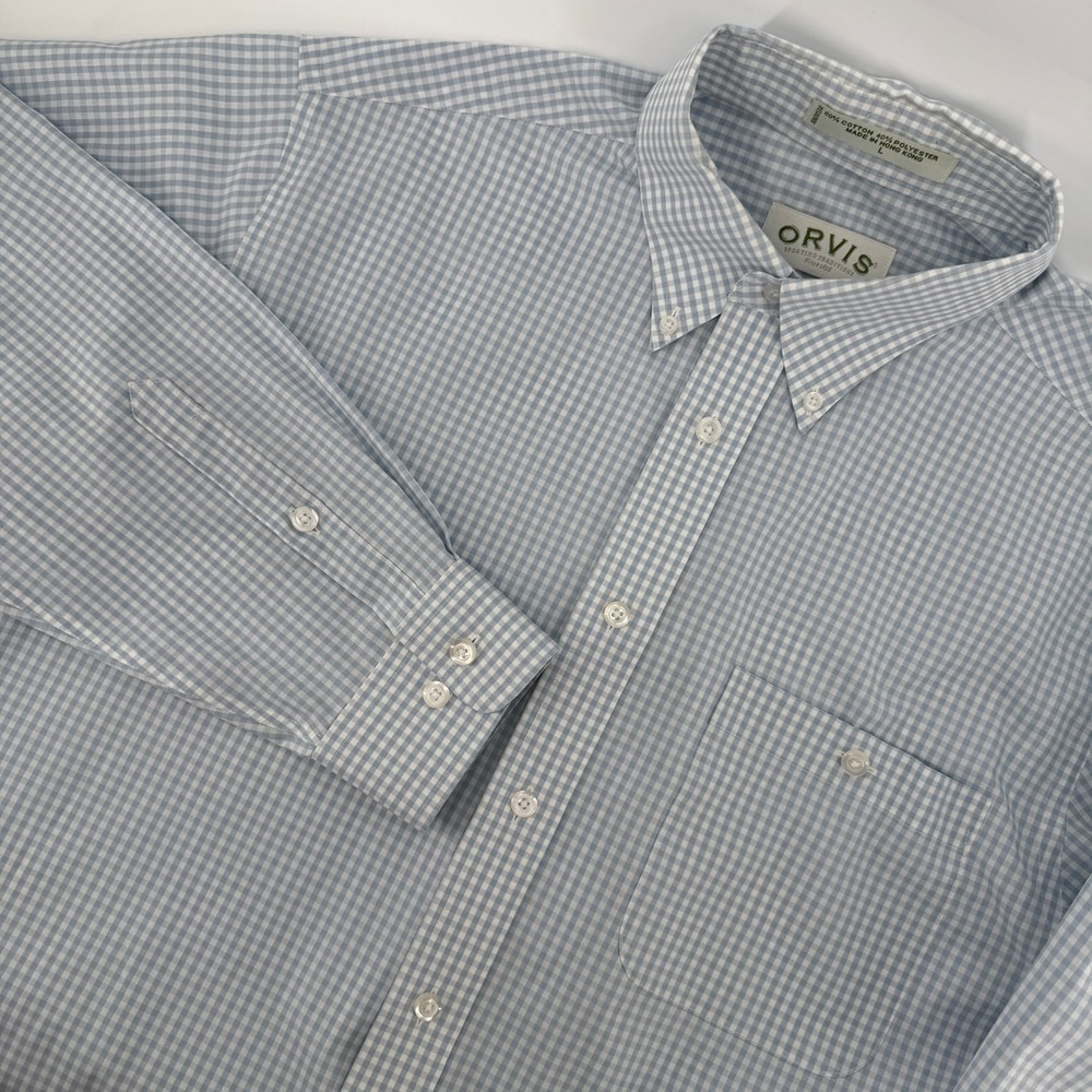 Orvis Button Down Shirt Mens Large Blue Gingham Long Sleeve Cotton Blend Pocket